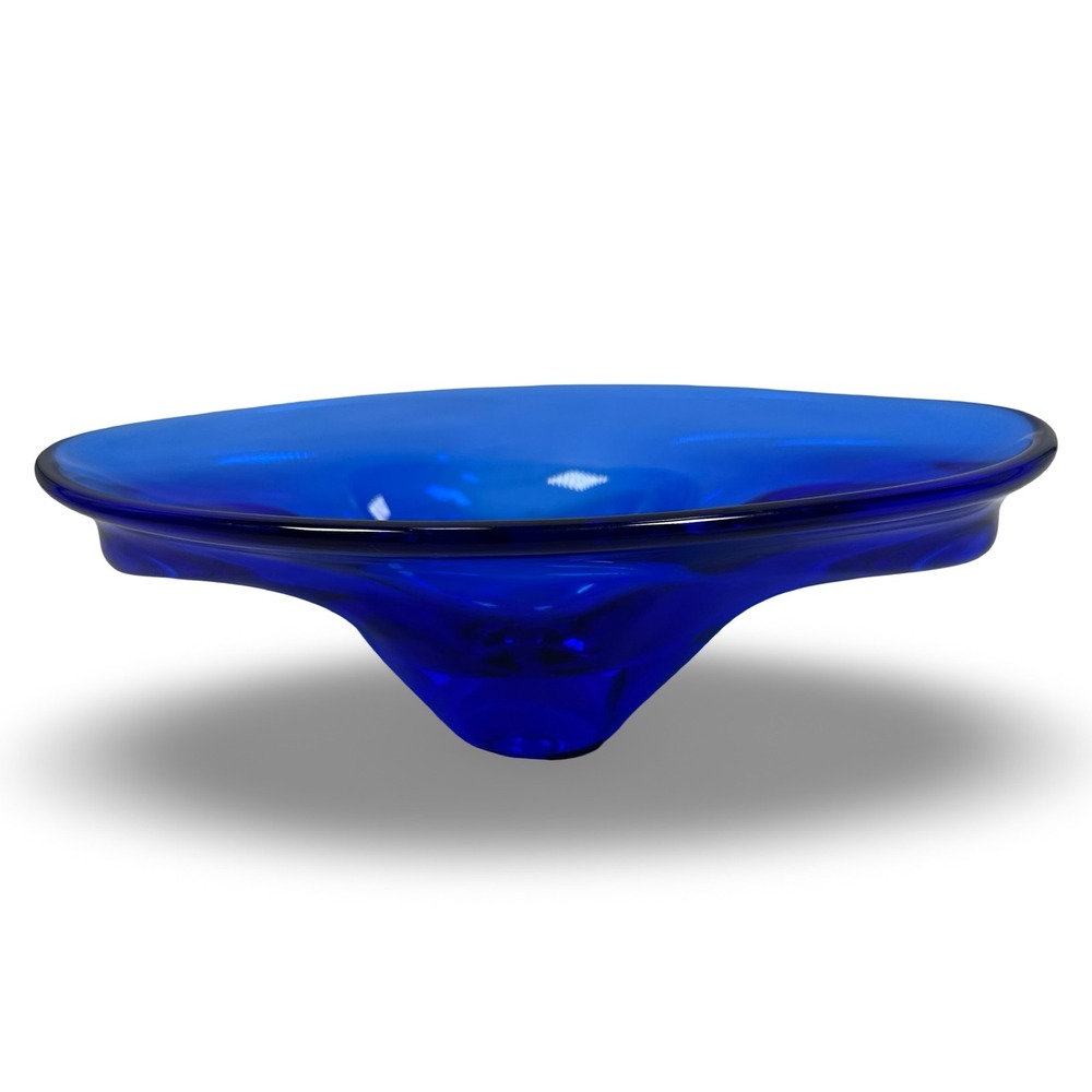 Vintage Cobalt Blue Hand Blown Art Glass Centerpiece Bowl MCM Style Unique Rare